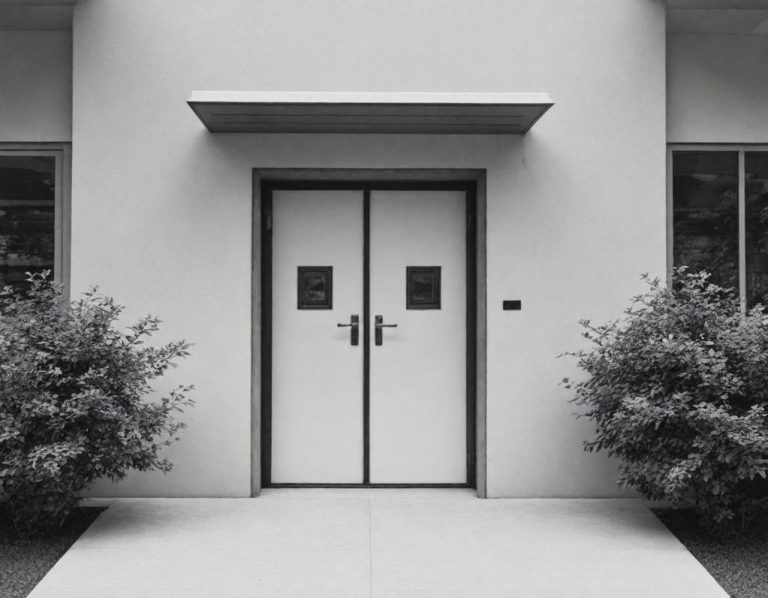 Doppeltür aus weißem Material mit zwei Fenstern und umgeben von Sträuchern.
unsere Mission